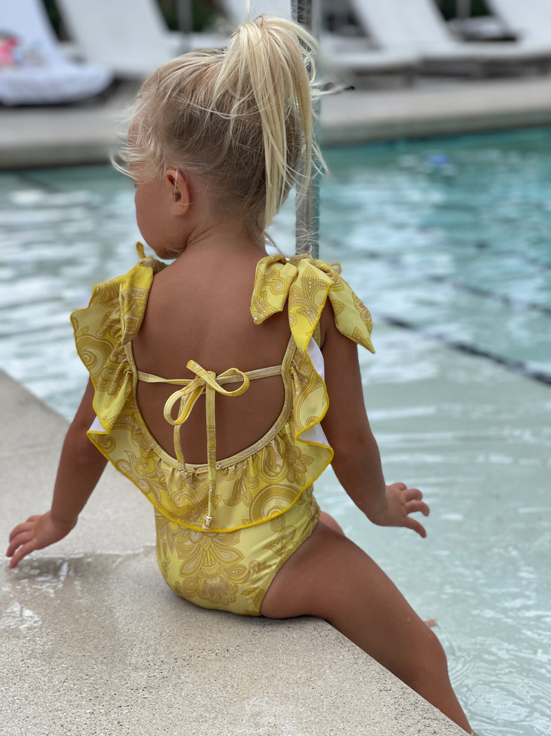 Penelope Kids Swimsuit Yellow Baroque Print