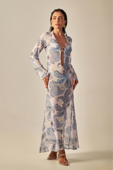 Long Sixty Dress Blue Paisley Print