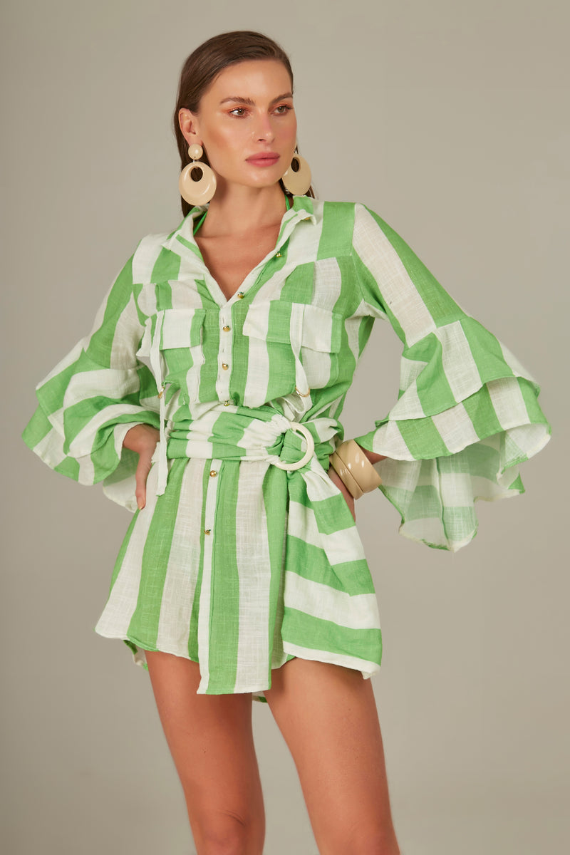 Ruffle Safari Shirt in Green Stripes Print