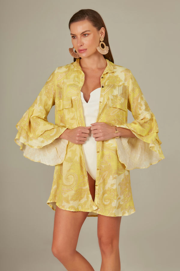 Ruffle Safari Shirt in Yellow Baroque Print