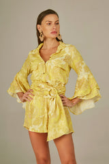 Ruffle Safari Shirt in Yellow Baroque Print