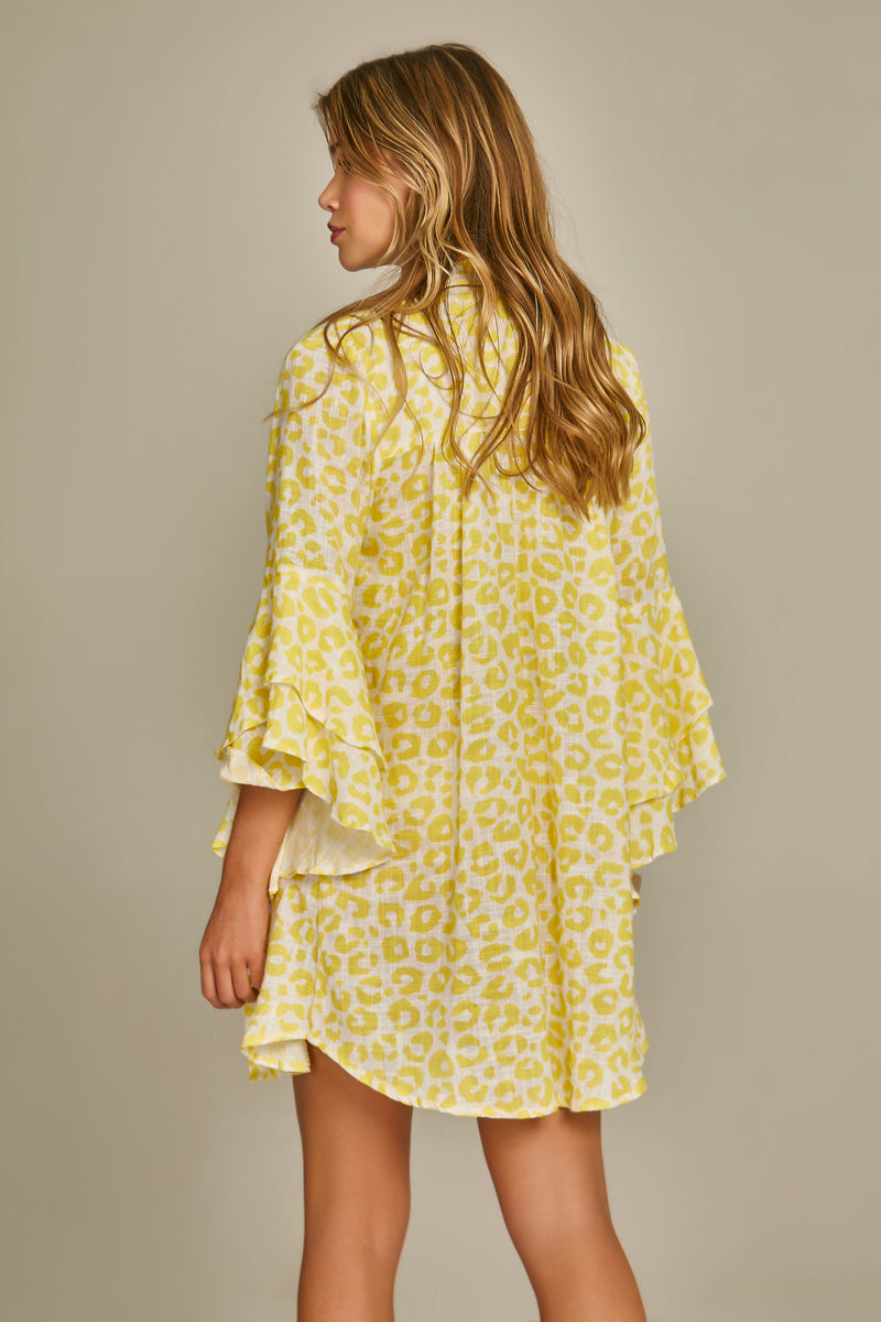 Ruffle Safari Shirt In Yellow Leopard Print