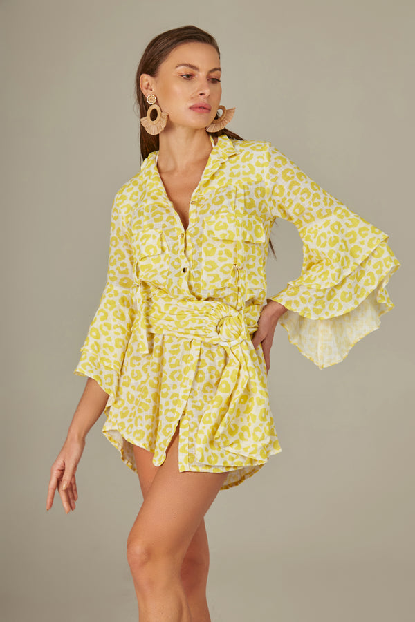 Ruffle Safari Shirt In Yellow Leopard Print