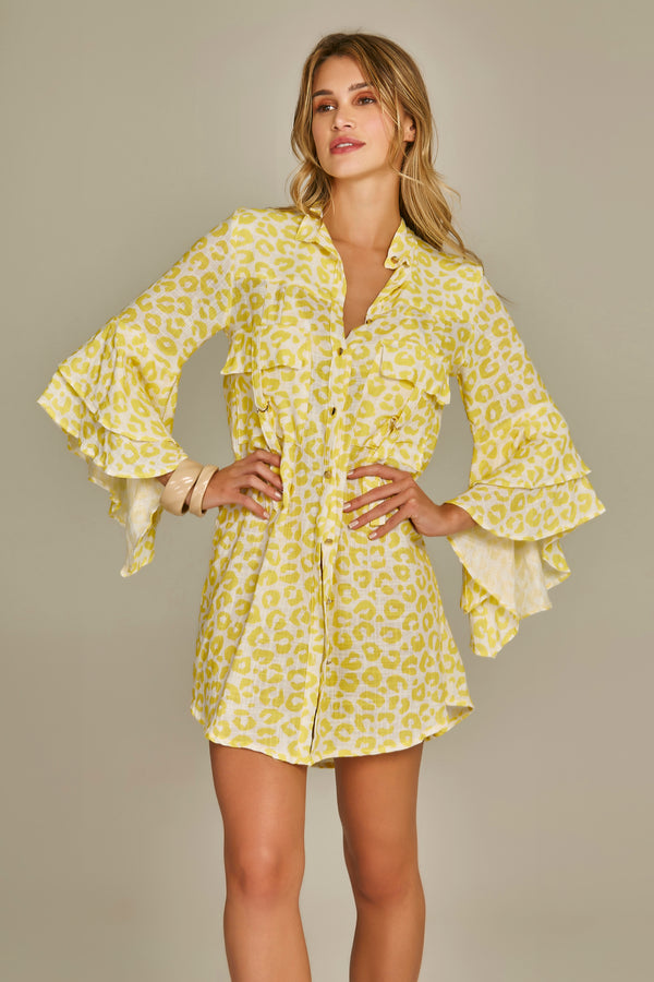 Ruffle Safari Shirt In Yellow Leopard Print