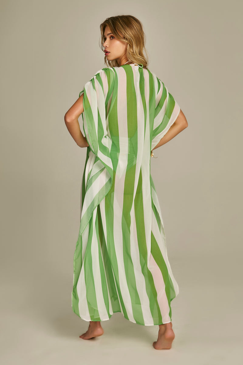 Santorini Kaftan in Green Stripes Print