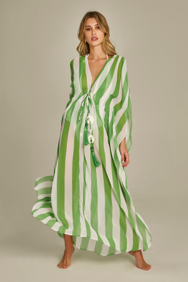 Santorini Kaftan in Green Stripes Print