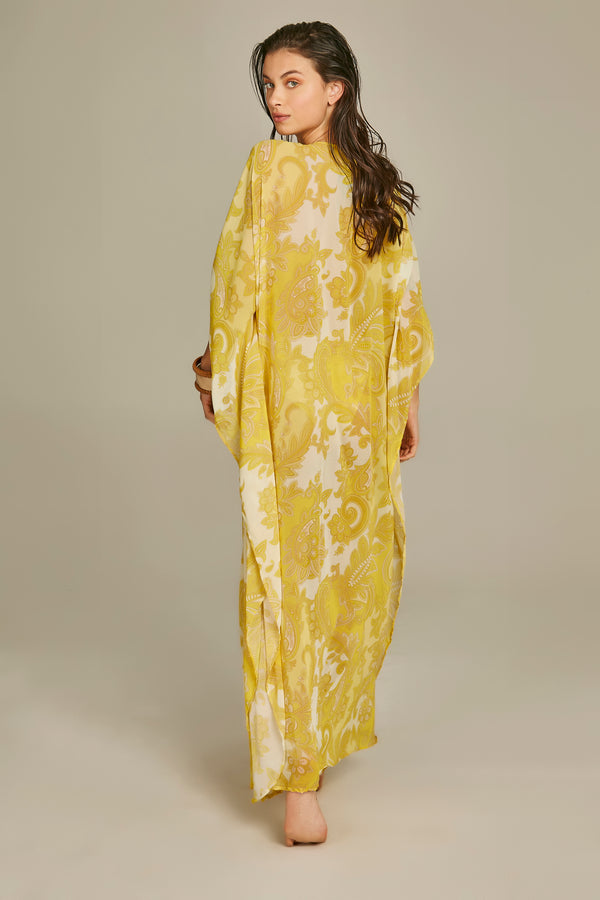 Santorini Kaftan in Yellow Baroque Print