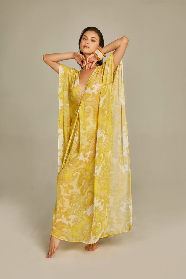 Santorini Kaftan in Yellow Baroque Print