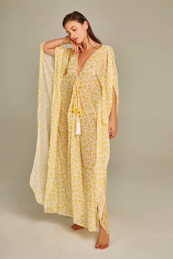 Santorini Kaftan In Yellow Leopard Print