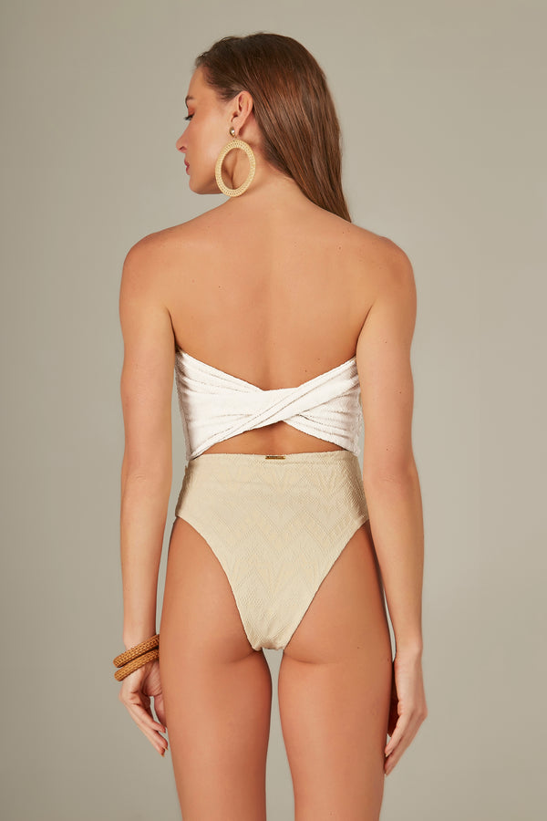 Textured Bicolor Scarf Swimsuit Beige/Ivory
