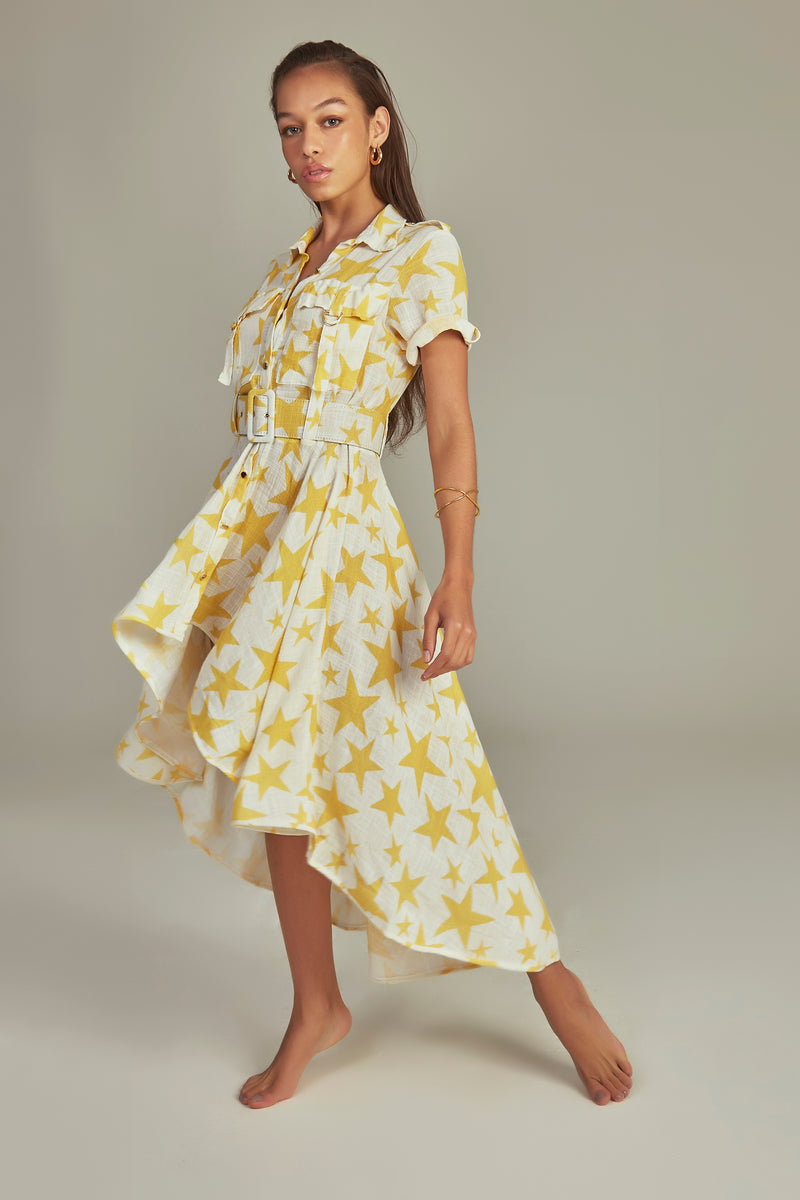 Midi Trench Dress Yellow Star Print