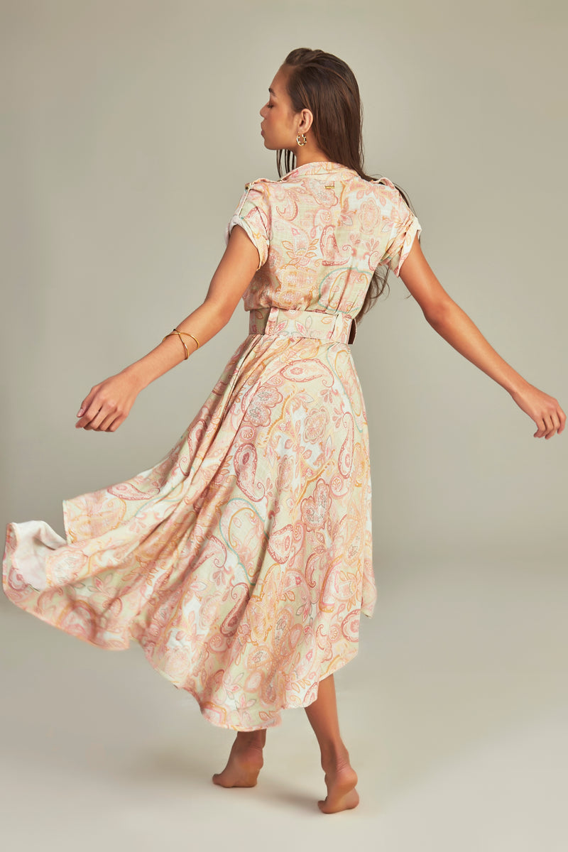 Midi Trench Dress Green Paisley Print