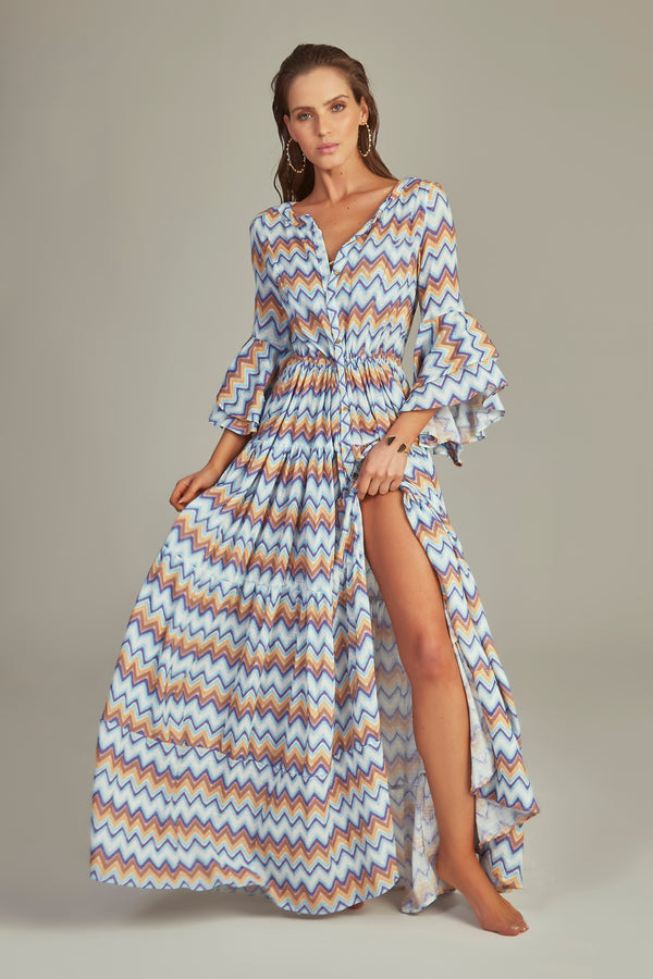 Gisele Dress Blue Chevron Print