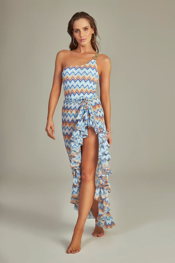 Ruffle Skirt Blue Chevron Print