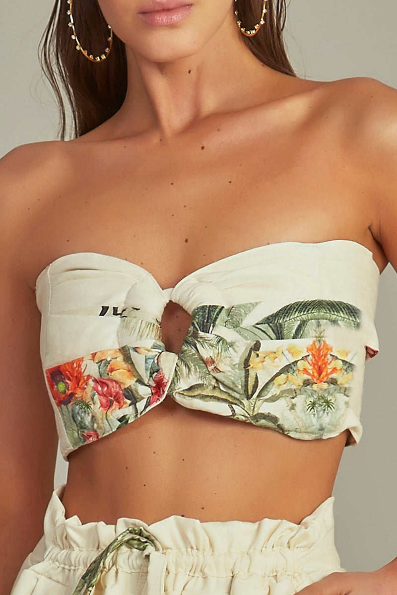 Cropped Bustier Tropical Paradise Print